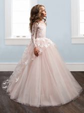  Scoop Long Sleeves Brush Train Lace and Appliques Zipper Child Pageant Dress