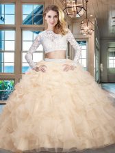 Adorable Scoop Champagne Long Sleeves Beading and Lace and Ruffles Floor Length Quince Ball Gowns