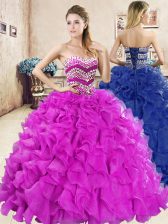 Fitting Fuchsia Ball Gowns Sweetheart Sleeveless Organza Floor Length Lace Up Beading and Ruffles 15th Birthday Dress