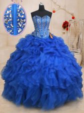 Classical Royal Blue Ball Gowns Organza Sweetheart Sleeveless Beading and Ruffles Floor Length Lace Up Sweet 16 Dresses