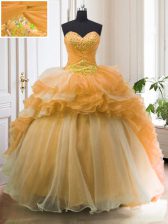 Fabulous Sweetheart Sleeveless Sweet 16 Dress With Train Sweep Train Beading and Ruffled Layers Orange Organza