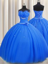 Sexy Handcrafted Flower Tulle Sleeveless Floor Length Quince Ball Gowns and Beading and Sequins and Hand Made Flower