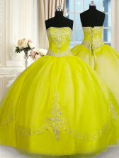 Dazzling Floor Length Ball Gowns Sleeveless Yellow Green 15 Quinceanera Dress Lace Up