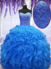  Royal Blue Sleeveless Organza Lace Up Quinceanera Gown for Military Ball and Sweet 16 and Quinceanera