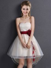  Champagne A-line Lace and Hand Made Flower Quinceanera Court of Honor Dress Lace Up Organza Sleeveless High Low