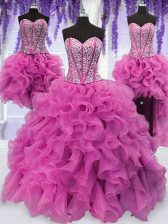 Ideal Four Piece Lilac Ball Gowns Ruffles and Sequins Sweet 16 Dresses Lace Up Organza Sleeveless Floor Length