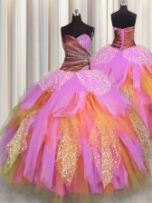 High End Multi-color Tulle Lace Up Sweetheart Sleeveless Floor Length Quinceanera Dresses Beading and Ruching