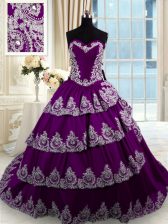  Sleeveless Taffeta With Train Court Train Lace Up Sweet 16 Dresses in Purple with Beading and Appliques and Ruffled Layers