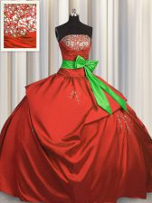 Extravagant Coral Red Ball Gowns Ruching and Bowknot 15th Birthday Dress Lace Up Taffeta Sleeveless Floor Length