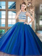 Scoop Beading Ball Gown Prom Dress Royal Blue Backless Sleeveless Floor Length