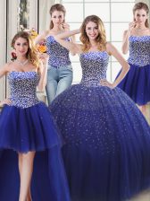 Customized Four Piece Royal Blue Sleeveless Beading Floor Length Quinceanera Dress