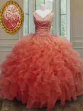  Orange Red Sleeveless Beading and Ruffles Floor Length Sweet 16 Dress
