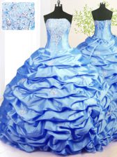 Classical Baby Blue Taffeta Lace Up Strapless Sleeveless With Train Vestidos de Quinceanera Sweep Train Beading and Pick Ups
