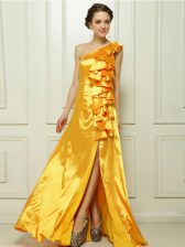  Gold Homecoming Dress Prom and Party with Ruffles One Shoulder Sleeveless Brush Train Zipper