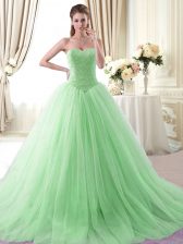  Sleeveless Tulle With Brush Train Lace Up Sweet 16 Quinceanera Dress in Apple Green with Beading