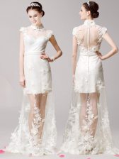 Fabulous White Tulle Clasp Handle Prom Evening Gown Cap Sleeves With Brush Train Lace and Appliques