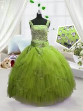 Custom Designed Straps Sleeveless Lace Up Little Girl Pageant Gowns Yellow Green Tulle