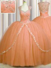  See Through Back With Train Orange Sweet 16 Dresses Tulle Brush Train Cap Sleeves Beading and Appliques