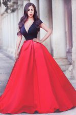 Decent Red And Black Zipper Prom Party Dress Beading Short Sleeves With Train Sweep Train