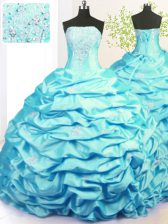 Fashion Strapless Sleeveless Ball Gown Prom Dress With Train Sweep Train Beading and Pick Ups Aqua Blue Taffeta