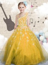  Appliques Little Girls Pageant Dress Orange Lace Up Sleeveless Floor Length