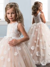  Scoop Sleeveless Floor Length Hand Made Flower Zipper Kids Pageant Dress with Champagne