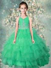 Hot Selling Halter Top Floor Length Zipper Little Girl Pageant Dress Teal for Party and Wedding Party with Beading and Ruffles