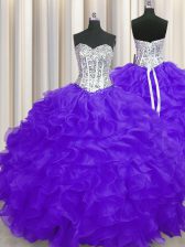 Extravagant Purple Sleeveless Organza Lace Up 15th Birthday Dress for Military Ball and Sweet 16 and Quinceanera
