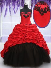 Elegant Red And Black Sleeveless Brush Train Appliques and Pick Ups With Train Quinceanera Dresses
