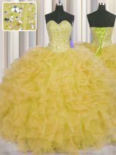  Visible Boning Sleeveless Floor Length Beading and Ruffles and Sashes ribbons Lace Up Vestidos de Quinceanera with Yellow