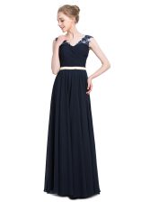  Floor Length Navy Blue Chiffon Sleeveless Beading