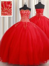 Pretty Sweetheart Sleeveless Lace Up Sweet 16 Quinceanera Dress Red Tulle