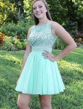 Glorious Beading and Bowknot Prom Evening Gown Apple Green Backless Sleeveless Mini Length