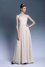  Champagne Column/Sheath One Shoulder Sleeveless Chiffon Floor Length Side Zipper Beading and Ruching Evening Dress