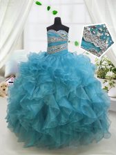  Floor Length Blue Little Girls Pageant Dress Organza Sleeveless Beading and Ruffles