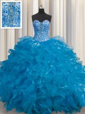 Extravagant See Through Teal Sweetheart Lace Up Beading and Ruffles Quinceanera Gowns Sleeveless