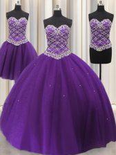 Best Three Piece Tulle Sweetheart Sleeveless Lace Up Beading and Sequins Quinceanera Gowns in Eggplant Purple