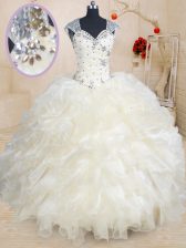  Champagne Straps Neckline Beading and Ruffles Sweet 16 Dress Cap Sleeves Zipper
