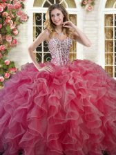 Custom Designed Coral Red Quinceanera Gown Military Ball and Sweet 16 and Quinceanera with Beading and Ruffles Sweetheart Sleeveless Lace Up