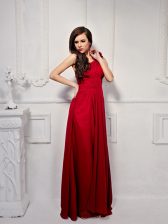  One Shoulder Floor Length Wine Red Prom Gown Chiffon Sleeveless Ruching and Hand Made Flower