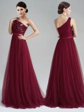 Lovely Sequins With Train Burgundy Prom Dresses One Shoulder Sleeveless Brush Train Zipper