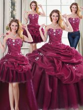  Four Piece Burgundy Ball Gown Prom Dress Military Ball and Sweet 16 and Quinceanera with Beading and Appliques and Pick Ups Sweetheart Sleeveless Lace Up