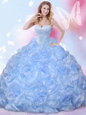 Trendy Blue Lace Up Sweetheart Beading and Pick Ups Quince Ball Gowns Fabric With Rolling Flowers Sleeveless