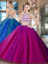 Edgy Scoop Fuchsia Backless Sweet 16 Quinceanera Dress Beading Sleeveless Floor Length