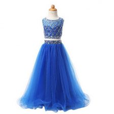  Blue Scoop Neckline Beading Toddler Flower Girl Dress Sleeveless Zipper
