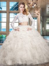 Perfect Scoop Long Sleeves Organza Floor Length Zipper Quinceanera Gowns in White with Beading and Lace and Ruffles