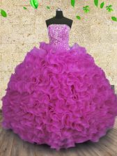 Dazzling Sleeveless Floor Length Beading and Ruffles Lace Up Quinceanera Dress with Fuchsia