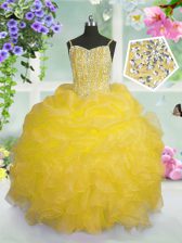  Spaghetti Straps Sleeveless Little Girls Pageant Dress Floor Length Beading and Ruffles and Pick Ups Gold Organza