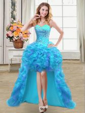 Charming High Low Ball Gowns Sleeveless Aqua Blue Prom Party Dress Lace Up