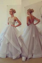  Scoop Sleeveless Sweep Train Lace Backless Prom Gown